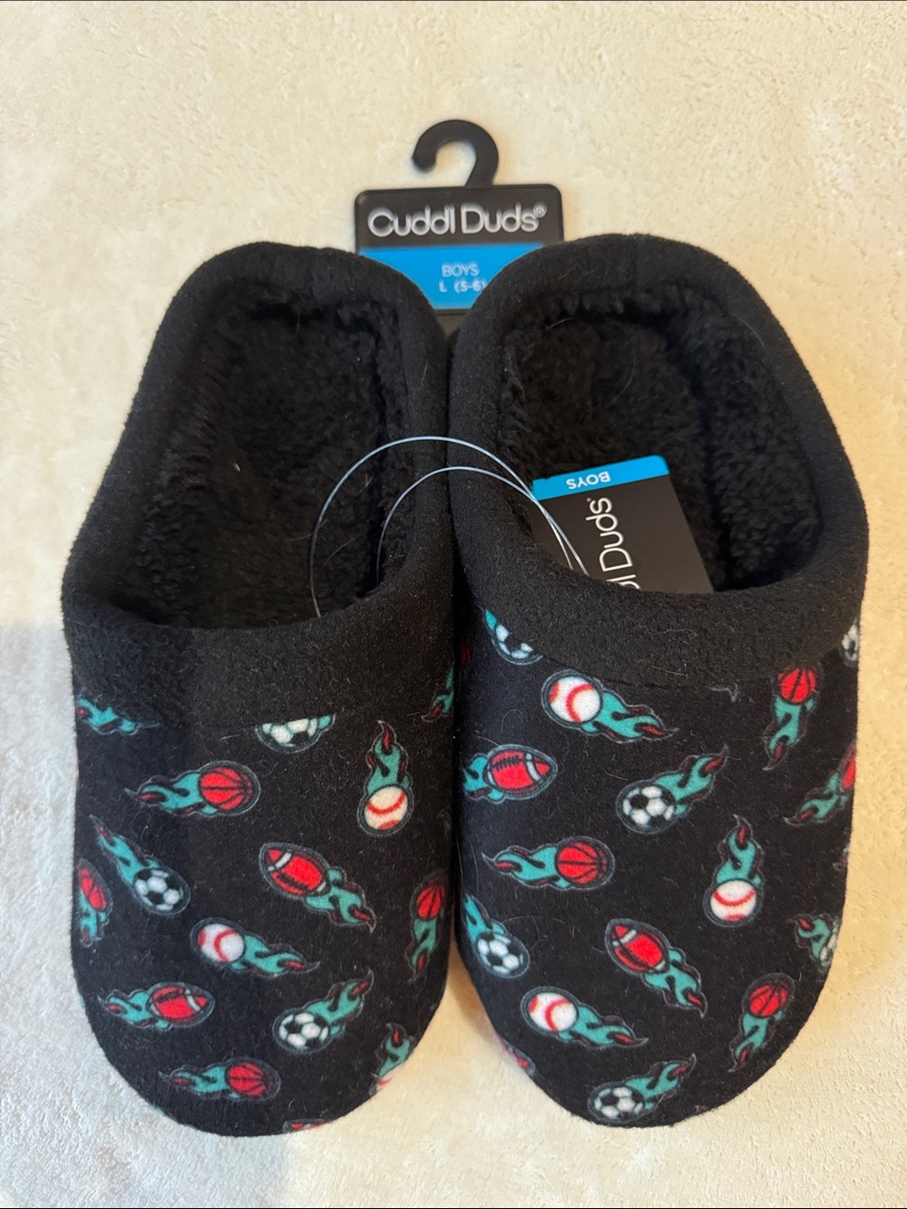 Cuddl Duds Boys Black Sports Ball Print Cozy Footie Slippers NWT